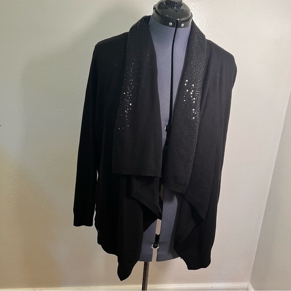 DKNY Sequin Collar Open Front Cardigan Black - Picture 2 of 14